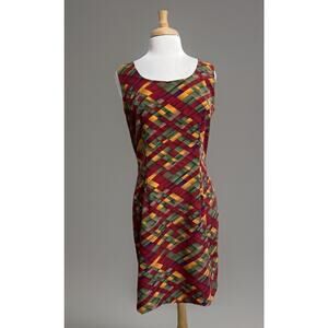 Sag Harbor Women's 12 Mad Plaid Geometric Sheath Dress Vintage 90s Maroon Green